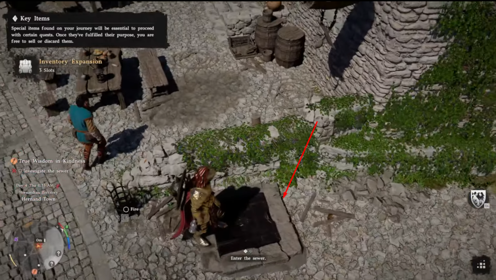 Кратос стоит в пещере, Синдри работает у верстака