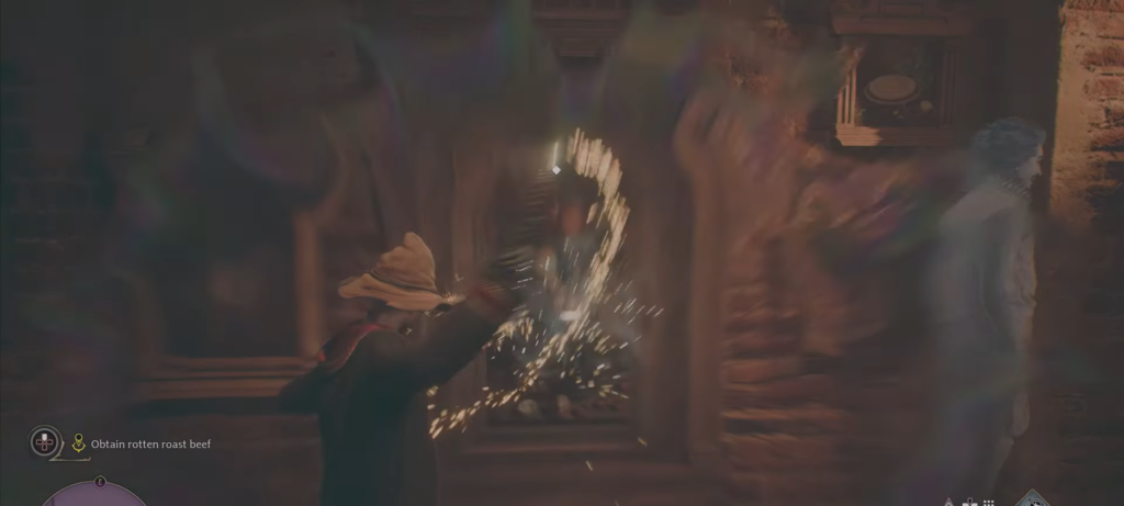 Wizard casting spell with sparks in stone corridor