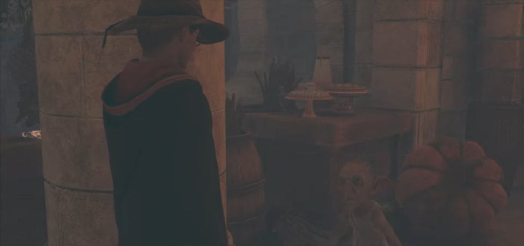 Wizard in hat stands near house-elf indoors