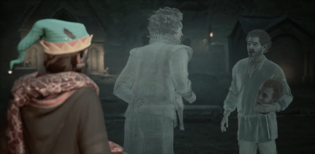 Ghostly figures talk in dark stone hall