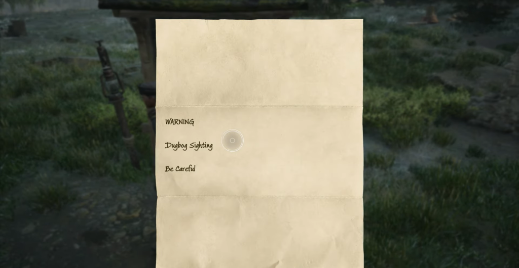 Warning note about dugbog sighting held outdoors