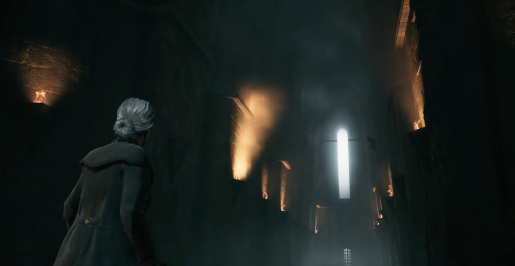 Gray-haired woman walking through smoky corridor with lights