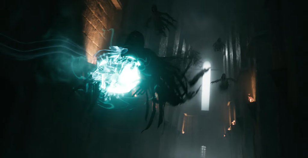 Dark creature hovers with glowing blue orb in corridor