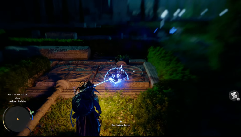 Кратос из God of War поднимает зелёный механизм на мосту