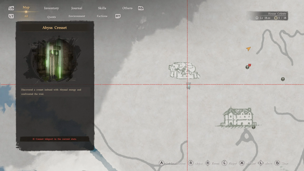 Abyss Cresset map menu with green portal icon