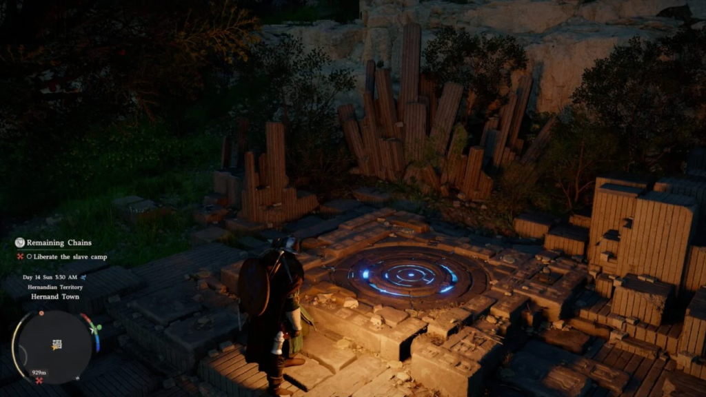 Player character stands by glowing blue stone platform ruins