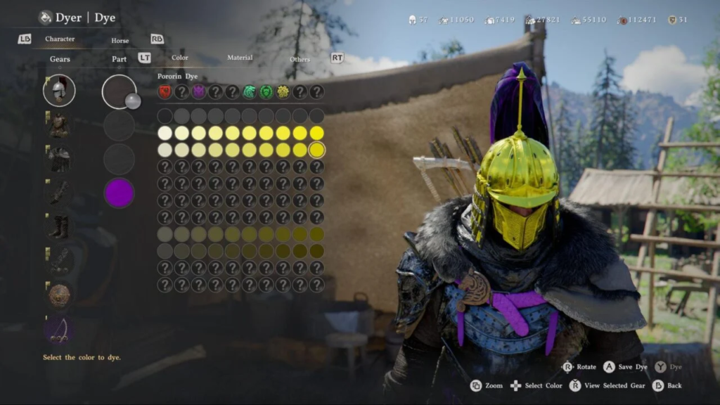 Assassin's Creed Valhalla player dyeing armor at dyer menu