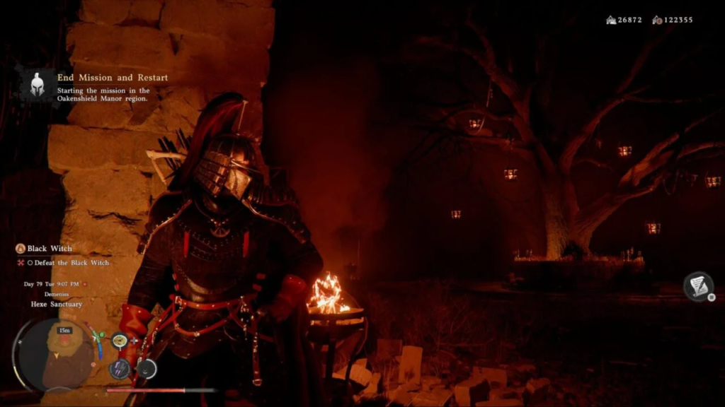 Armored warrior stands by fire in dark forest