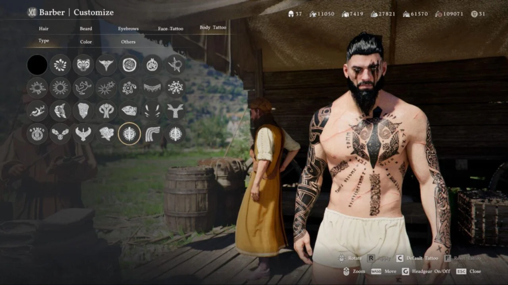 Tattooed man customizing body tattoos in barber menu