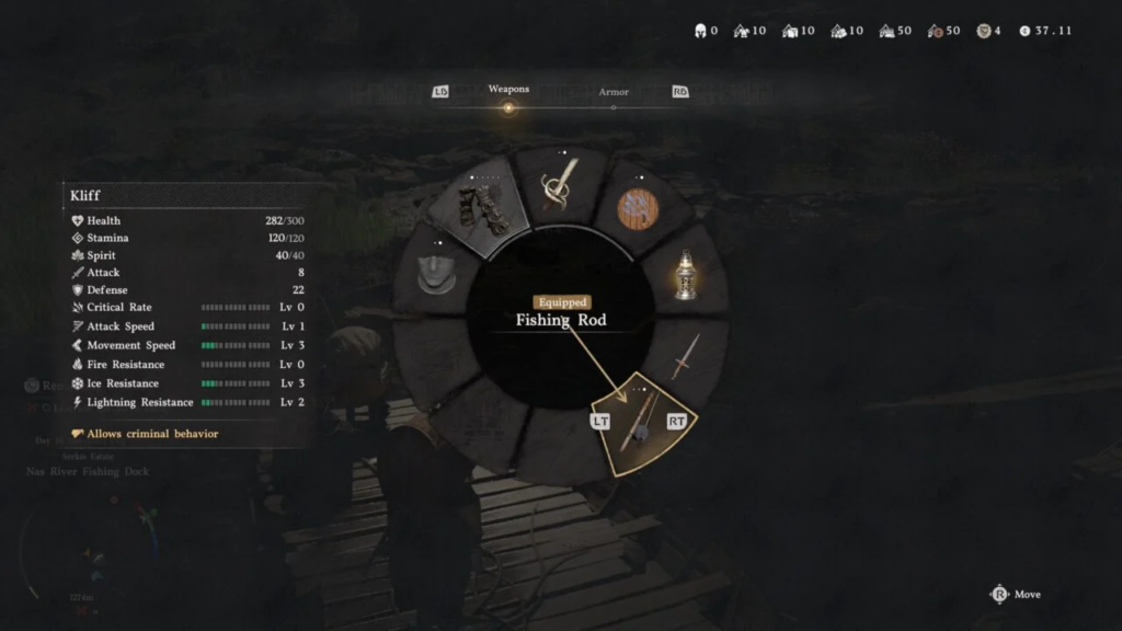 Fishing rod equipped in weapon wheel menu in-game