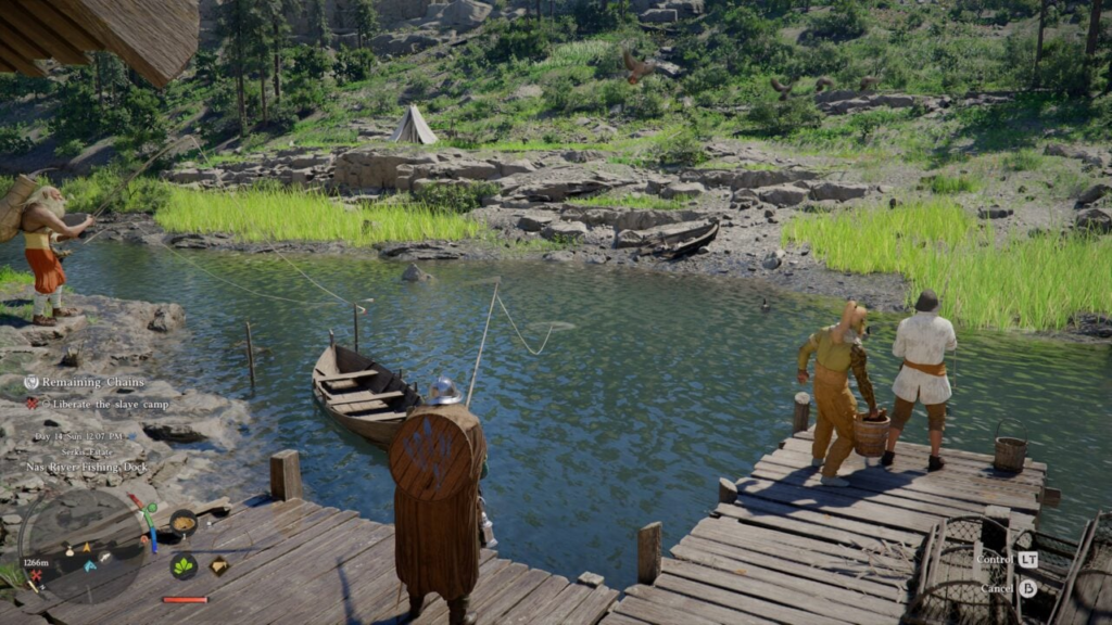Viking warrior watching fishermen on river dock
