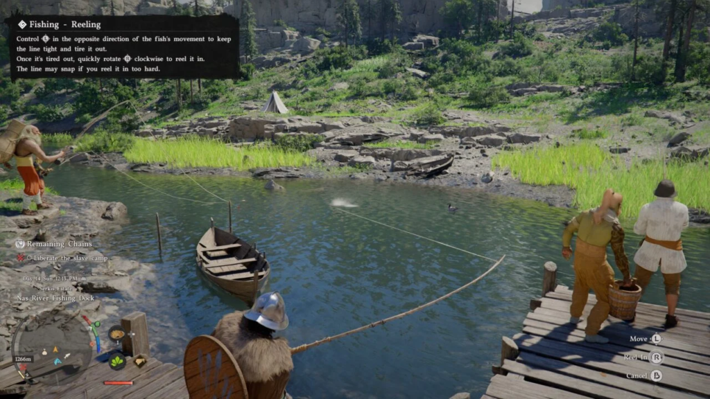 Player reels fishing line from dock in river