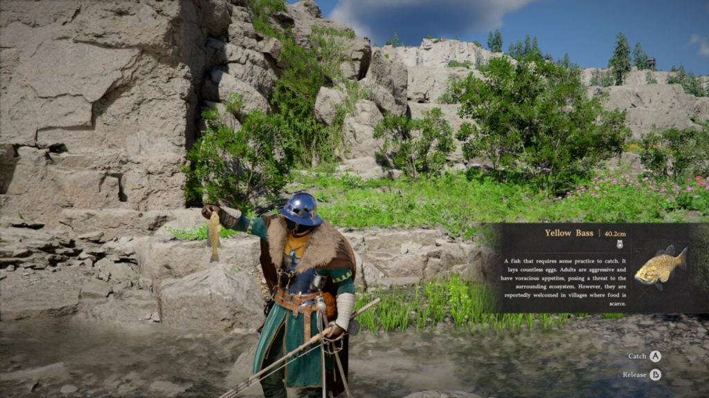 Armored character holds fish by rocky riverbank meadow