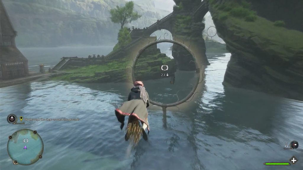 Wizard flying broom through ring over lake in Hogwarts Legacy