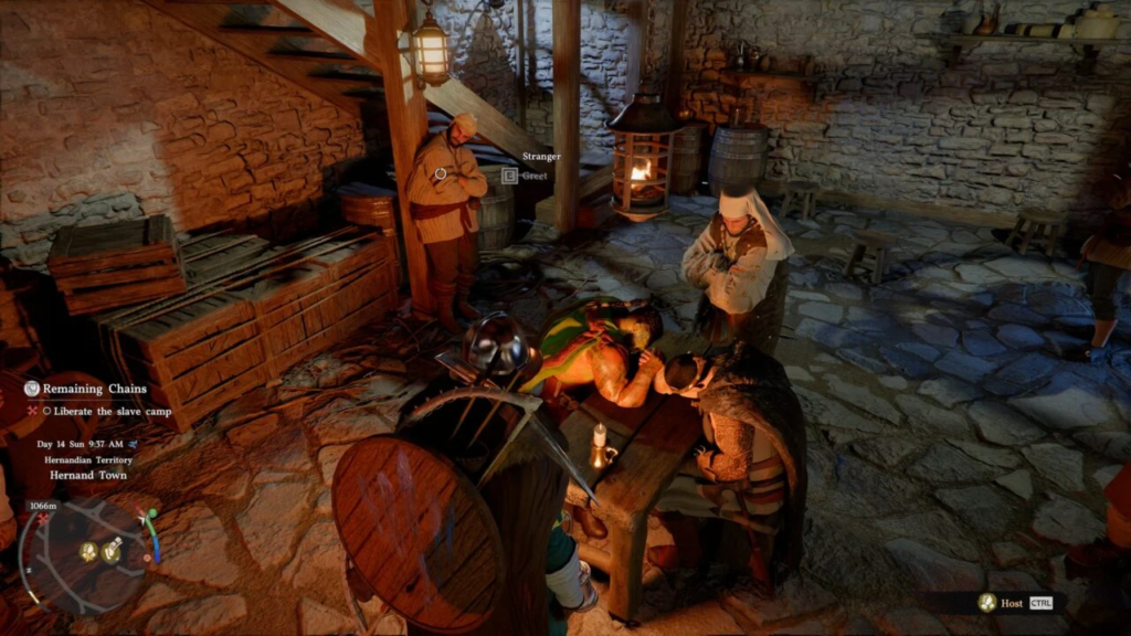 Medieval Dynasty villagers gather around injured man indoors