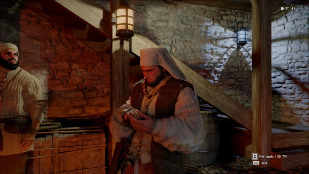 Medieval man examines item inside stone tavern staircase