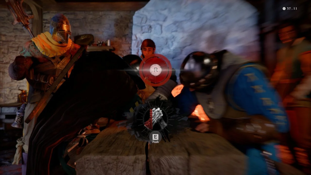 Arm-wrestling minigame between armored knights in stone tavern
