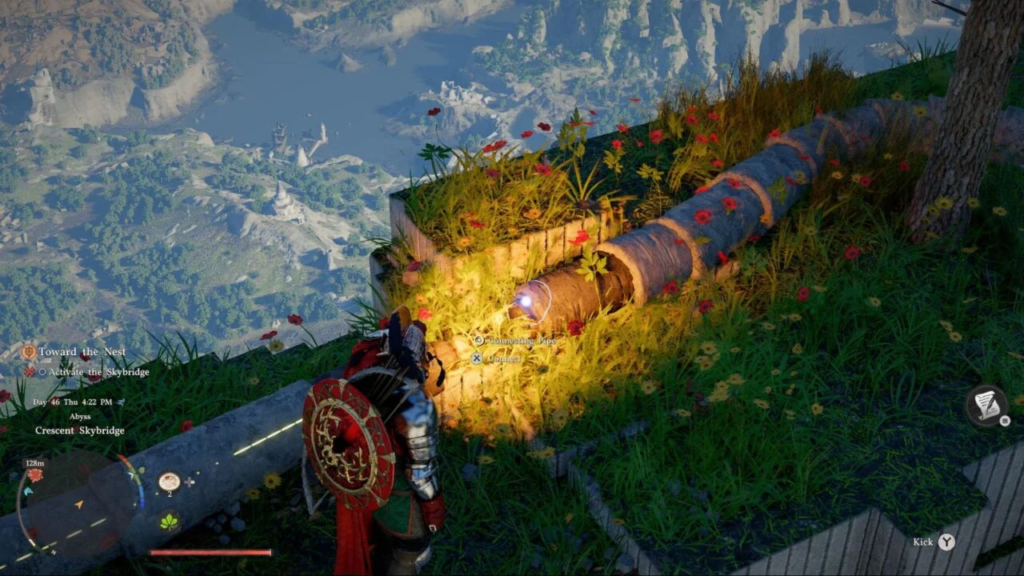 Armored warrior activates pipe on grassy cliffside