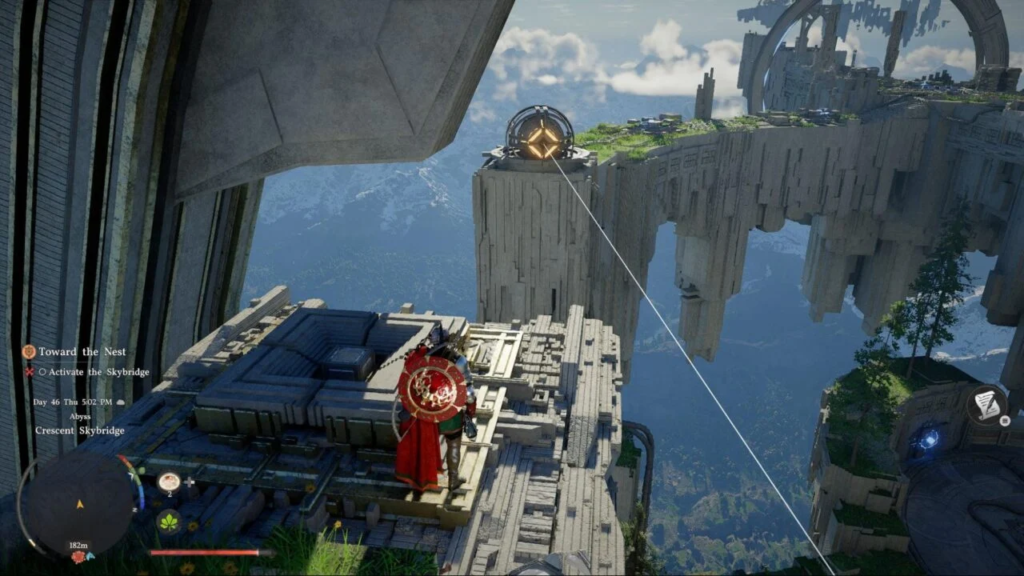 Character stands on cliff platform overlooking floating ruins