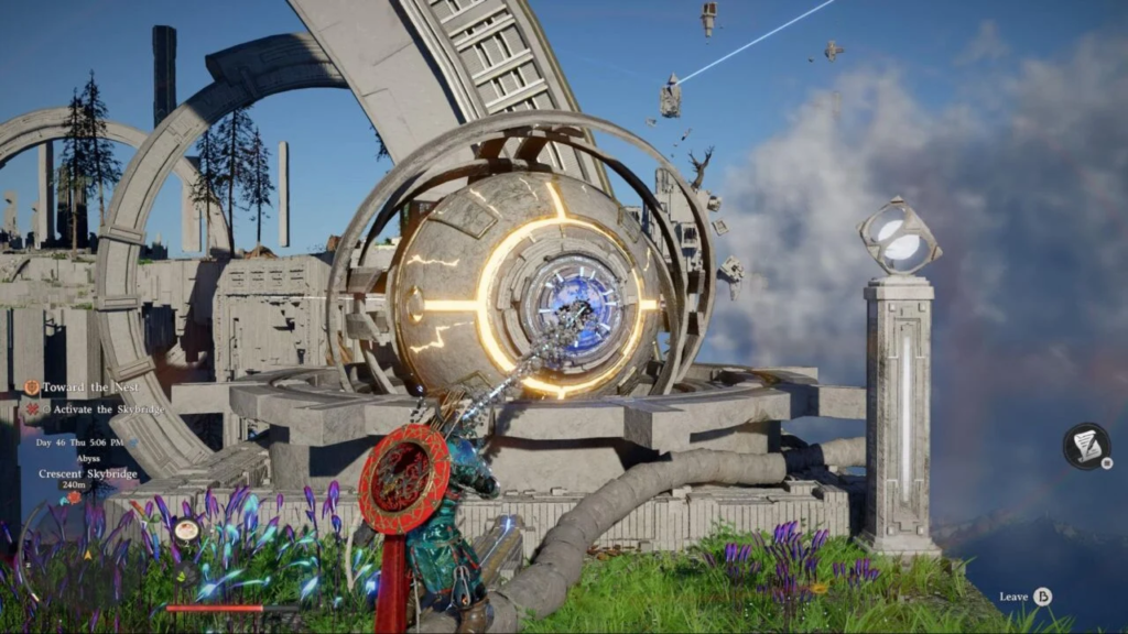 Armored warrior activates glowing portal on stone platform