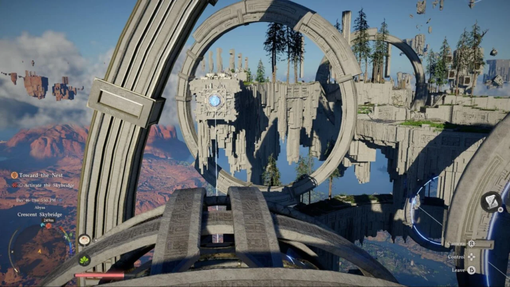 Floating stone ruins with circular arches above canyon