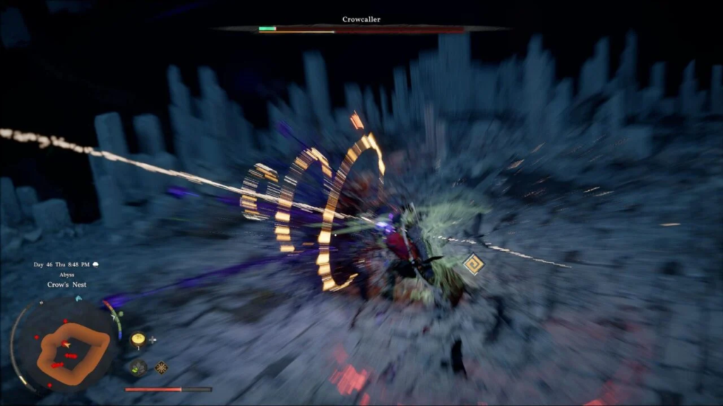 Player attacks Crowcaller in Crow's Nest abyss cave