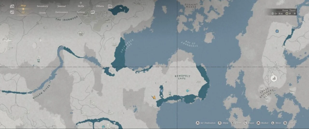 Game world map showing coastline and rivers near Bowsprit Cape