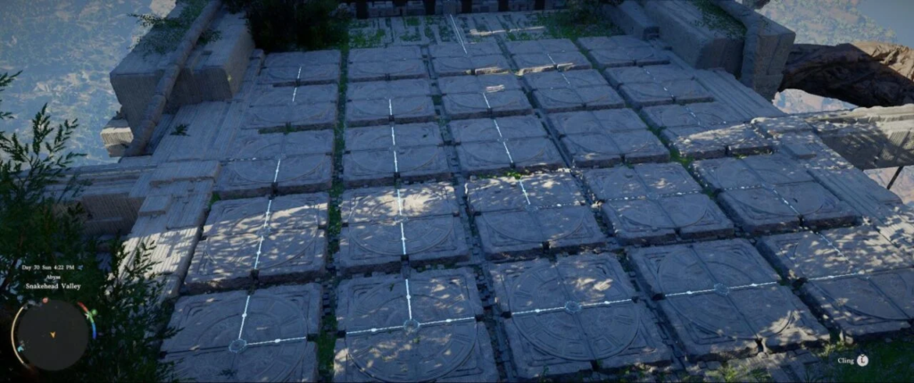 Stone tile platform in ruins with shadows