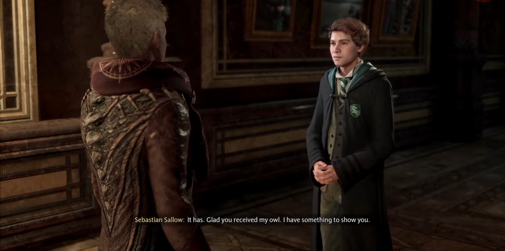 Sebastian Sallow talks to student in Hogwarts hallway