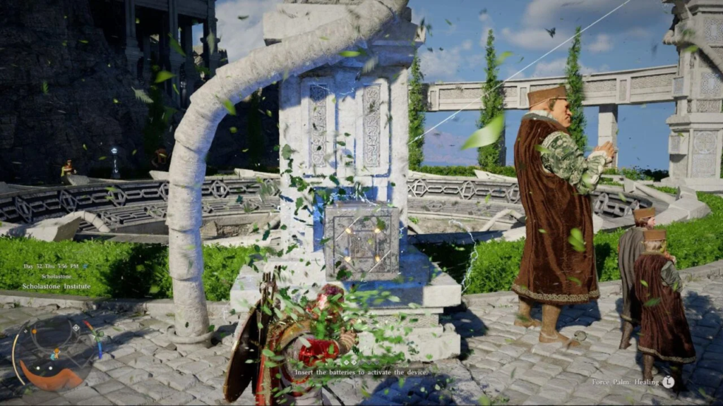 Player activates stone device at Scholastone Institute courtyard