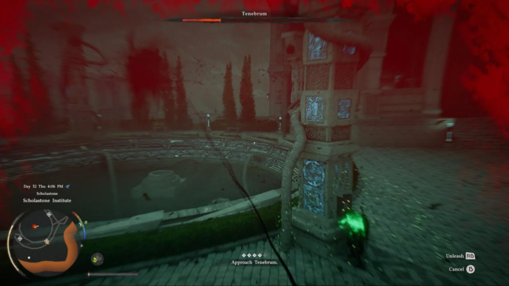 Player approaches Tenebrum near fountain at Scholastone Institute