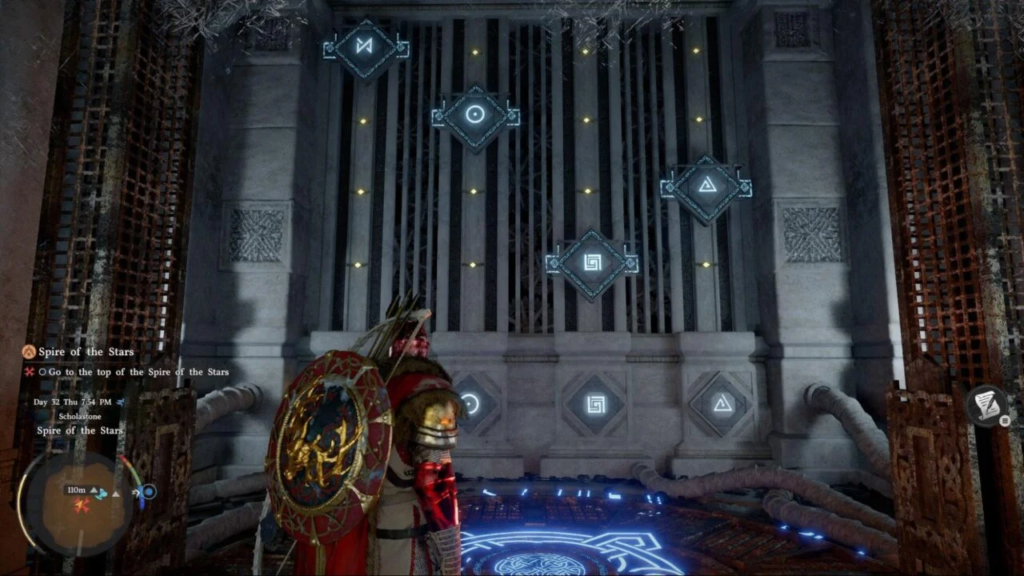 Armored warrior faces rune gate in Spire of the Stars