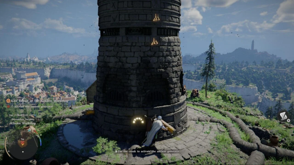 Player character turns crank on stone tower generator