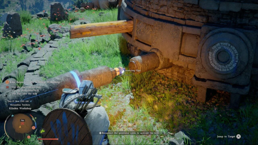 Player reconnects pipe to kiln at Kilnden Workshop