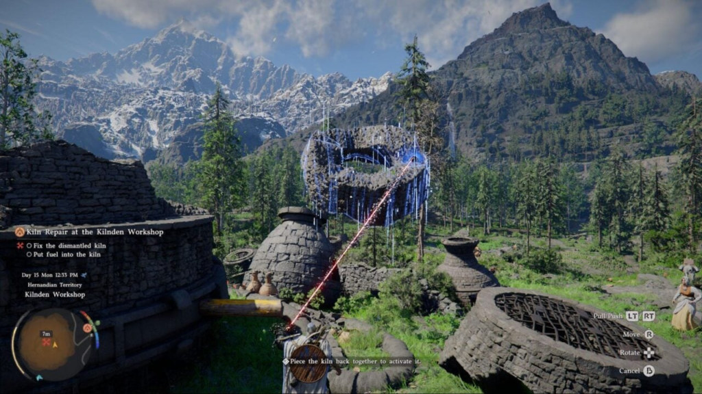 Player aims at kiln repair in mountain workshop