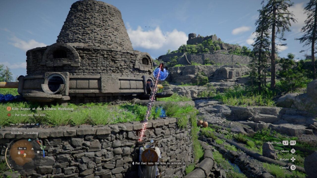 Player aims magic at stone kiln in ruins