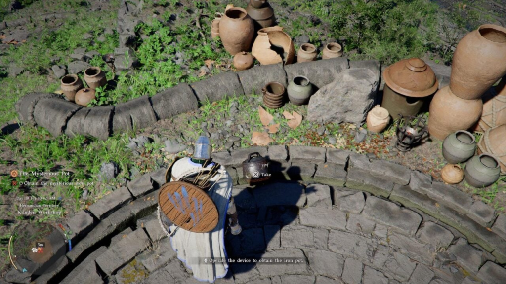 Player character takes pot in stone workshop courtyard