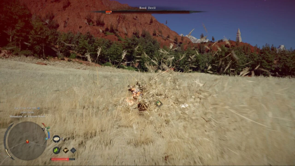 Player crouches in tall grass near red cliffs