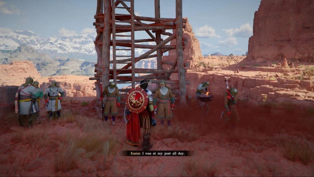 Warriors stand near wooden scaffold in desert canyon