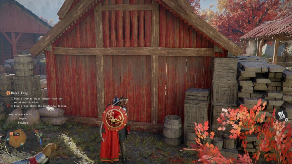 Player character facing red wooden barn wall in game
