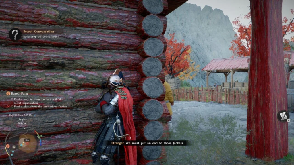 Assassin's Creed Valhalla warrior eavesdropping beside log cabin