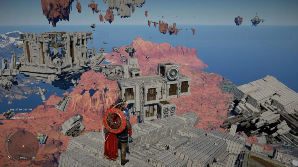 Armored character overlooks floating ruins above red canyon