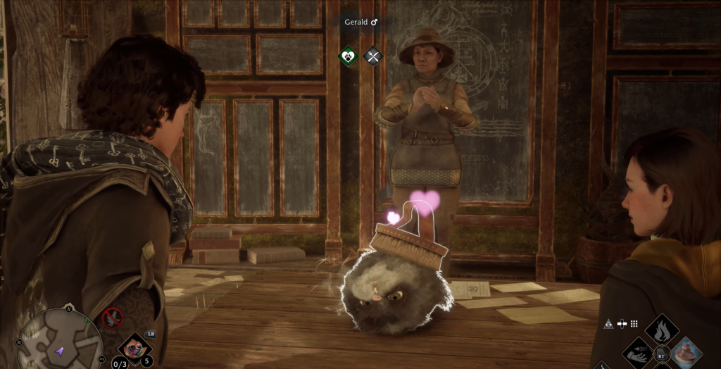 Hogwarts Legacy student watches puffskein wearing brush in classroom