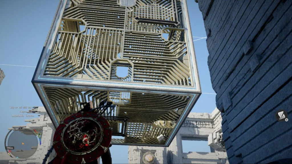 Player looks up at giant metal cube structure
