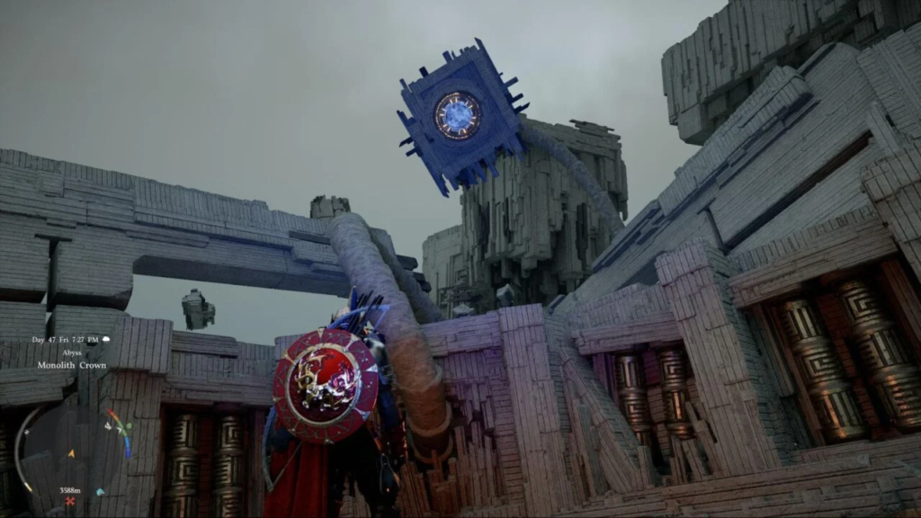 Armored warrior looks up at blue cube in ruins