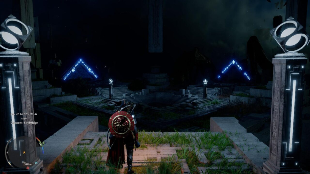 Armored warrior walks on stone bridge at night