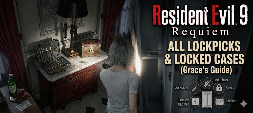 Resident Evil 9 Requiem character opens cabinet indoors