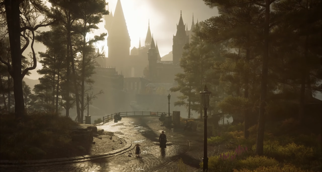Person walking on cobblestone path toward castle forest