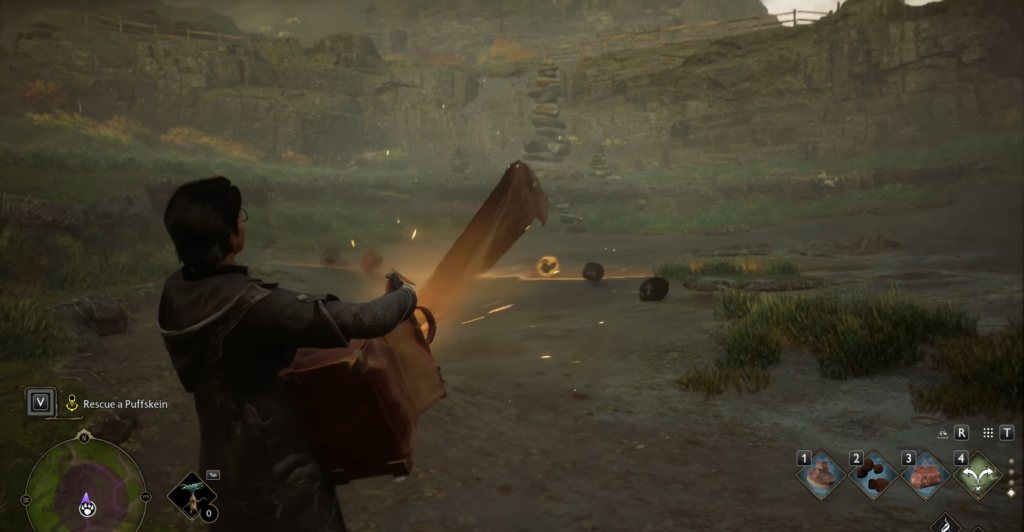 Hogwarts Legacy wizard casts spell in rocky valley