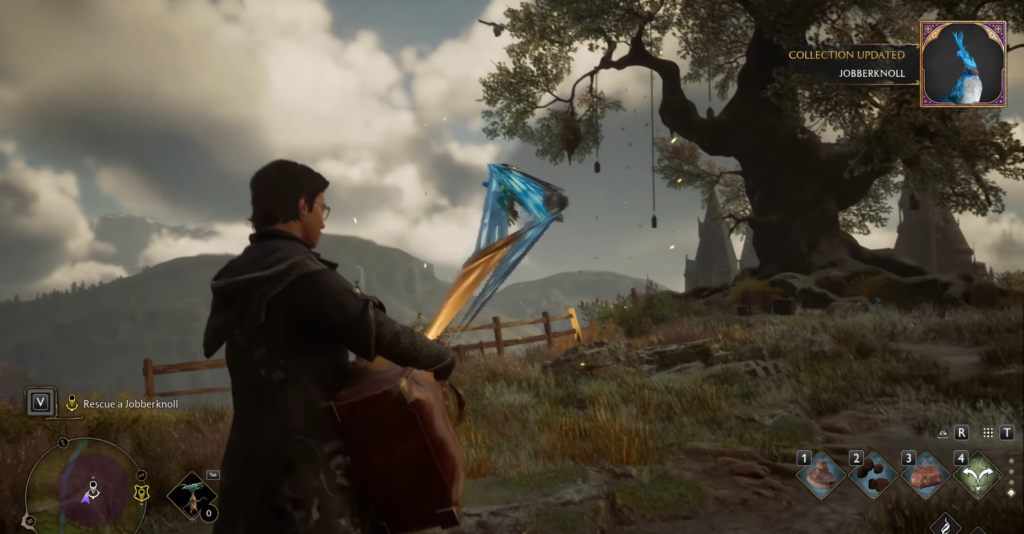 Wizard holding blue flag near large tree outdoors
